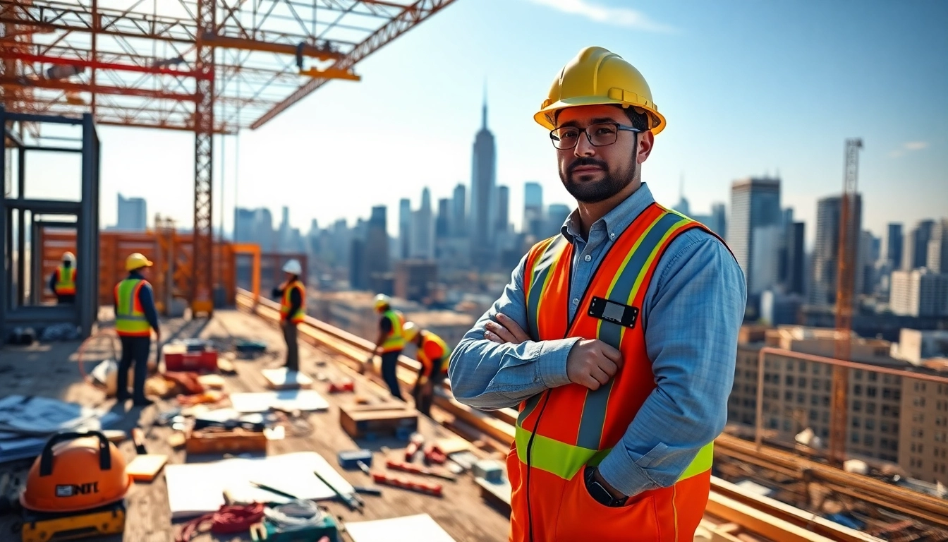 Manhattan General Contractor supervising a bustling construction site in Manhattan with a vibrant skyline.