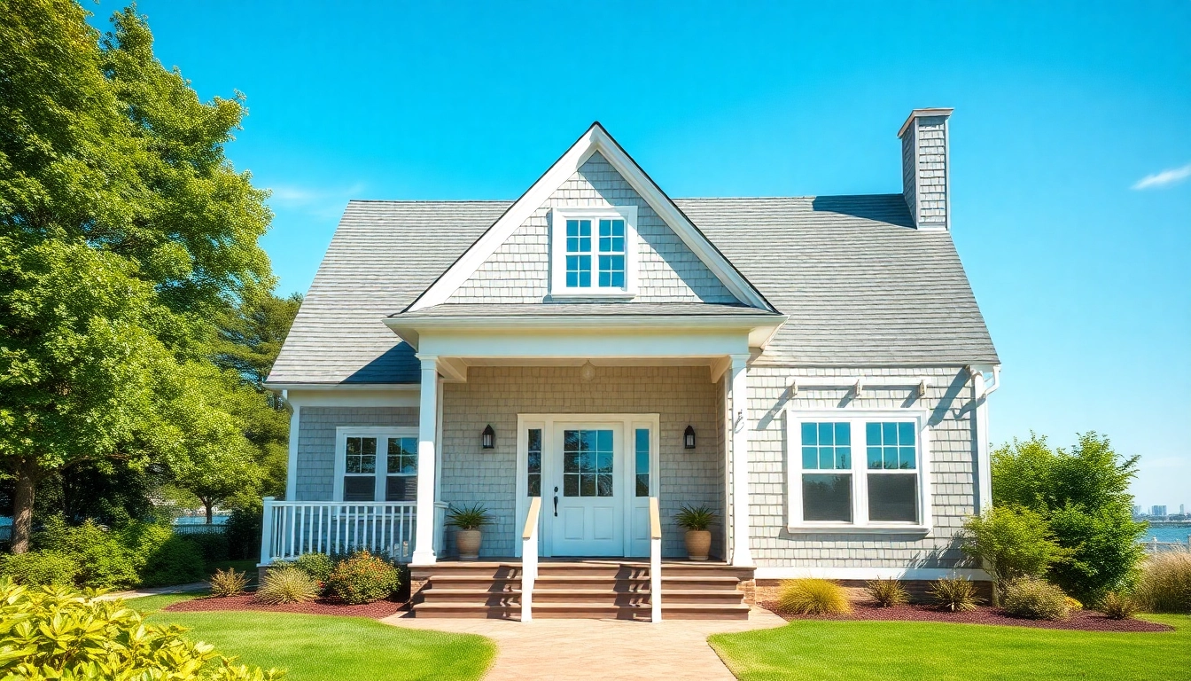View of a charming cape cod home with traditional design elements and coastal landscape.