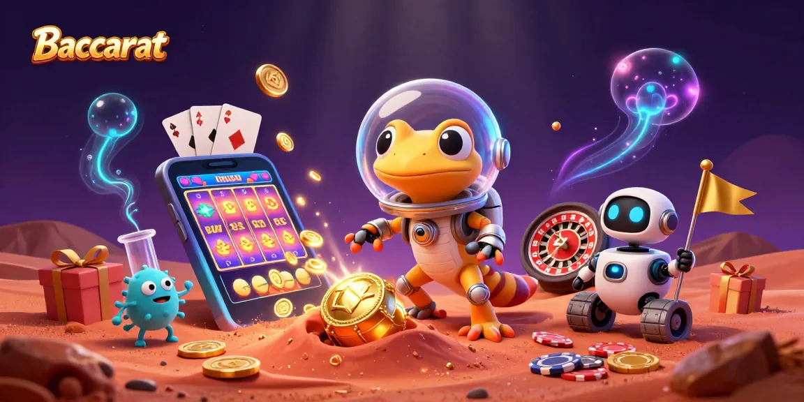 Baccarat scene with a Martian gecko revealing a golden casino amidst Mars sand, surrounded by dynamic game elements.