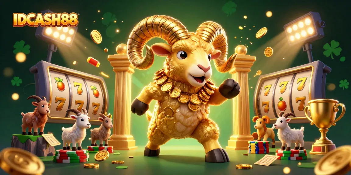 Play thrilling slot games at IDCASH88, featuring a golden ram surrounded by vibrant game elements.