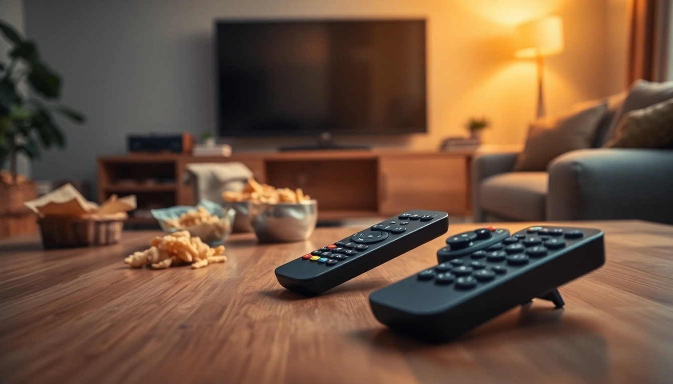 Bediene die Panasonic N2QAYB000928 Fernbedienung auf einem eleganten Tisch mit Fernseher im Hintergrund.
