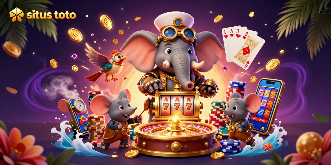 Spin and win at situs toto with a steampunk elephant engineer and golden slot machine surrounded by sparkling treasures.