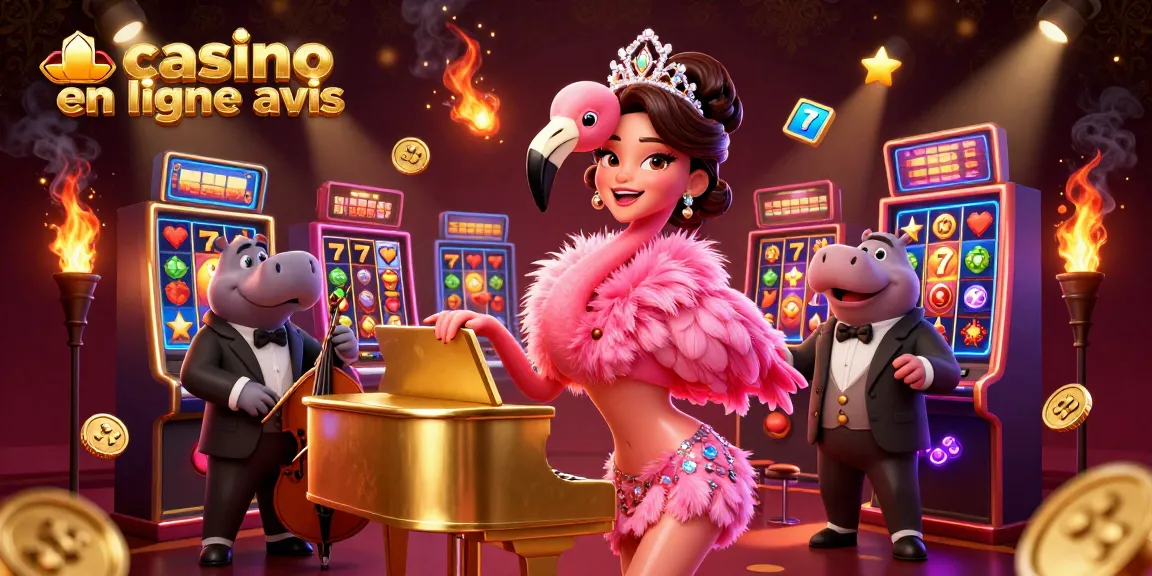 Casino en ligne avis illustrant des jeux dynamiques avec un flamant rose chanteur et un hippopotame musicien.