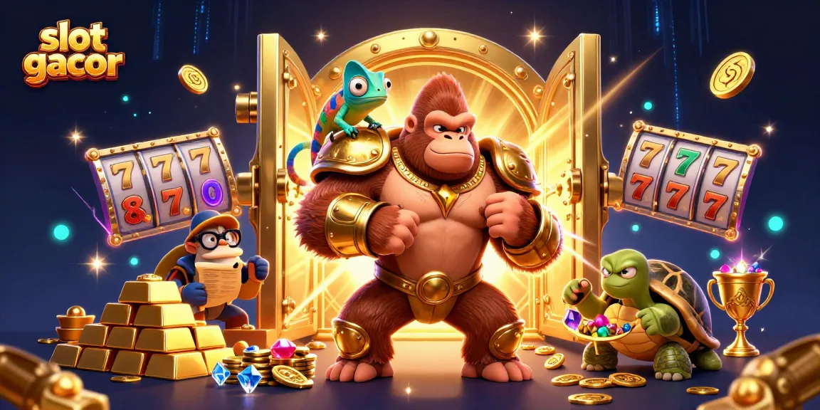 Powerful gorilla king embodies slot gacor essence among golden treasures and vibrant slot reels.