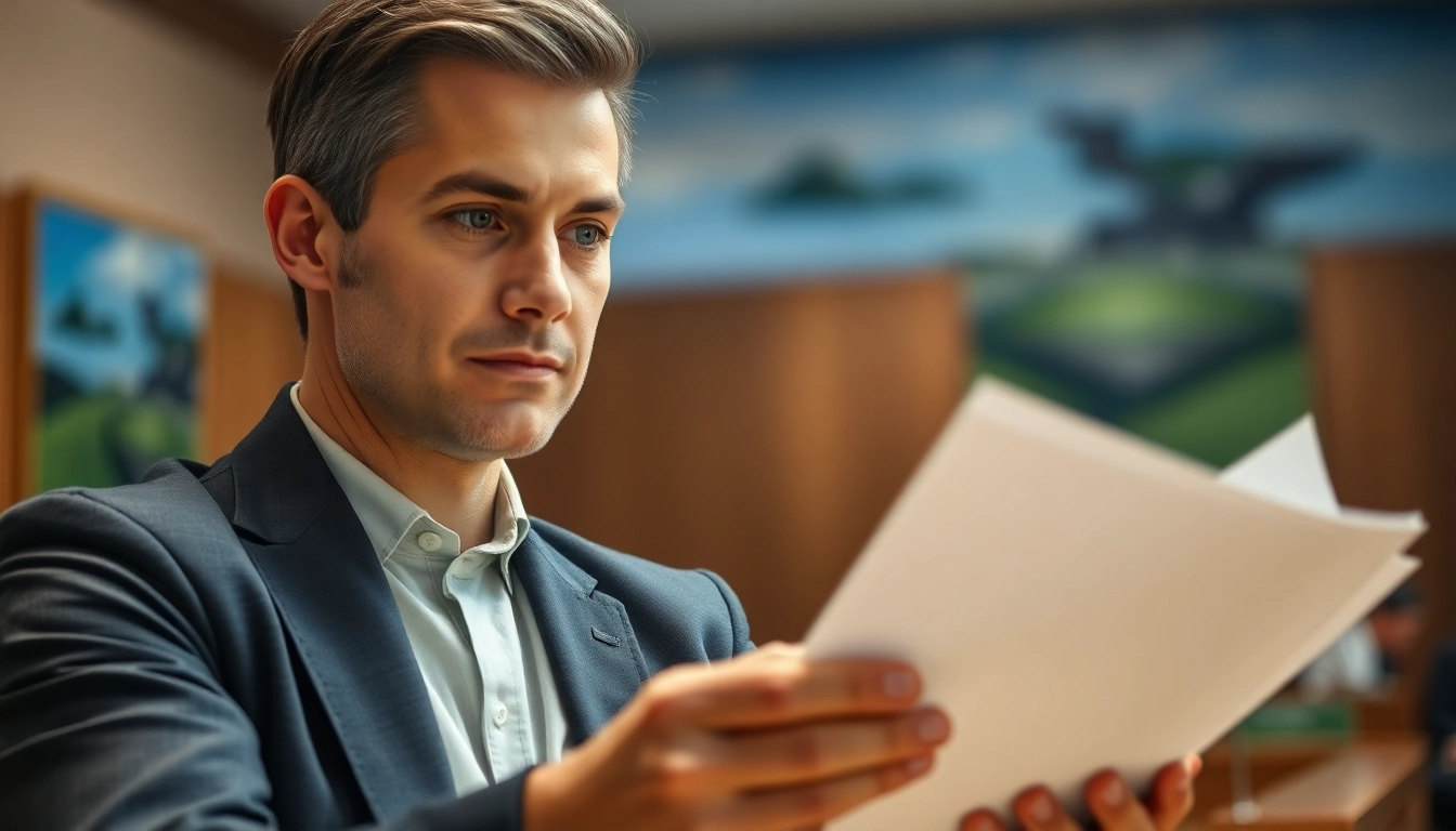 Focused environmental lawyer analyzing case files in a courtroom, exemplifying dedication and professionalism.