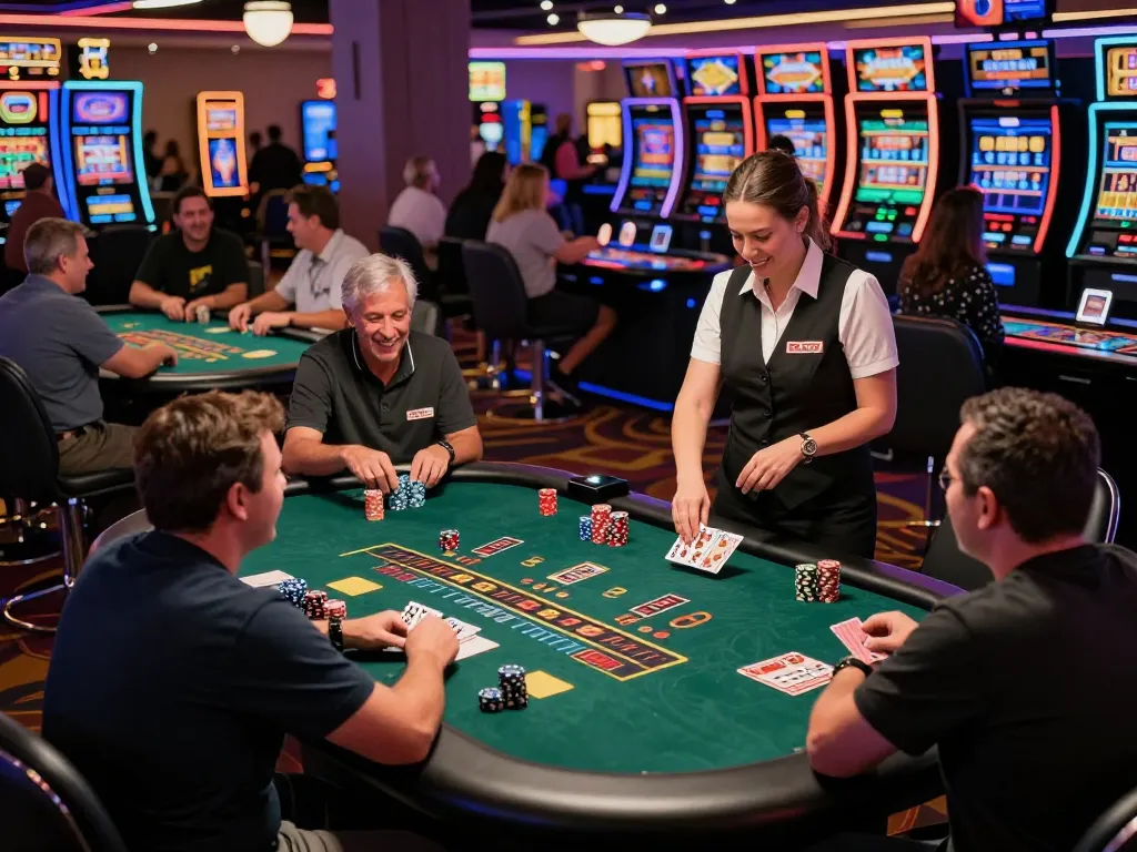 Players enjoying blackjack at a lively casino with spaceman theme, vibrant atmosphere.