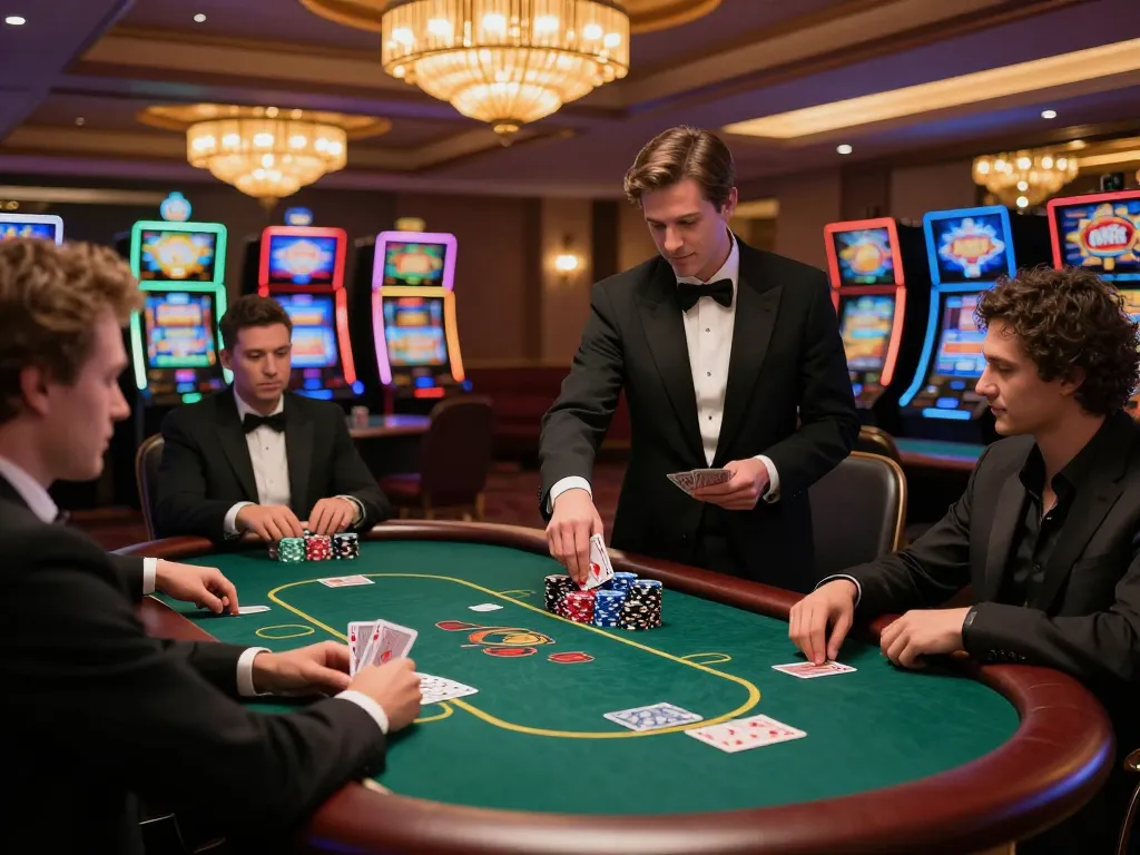 Pemain yang merencanakan strategi di meja poker kelas atas dengan suasana idnplay yang diterangi oleh lampu gantung.