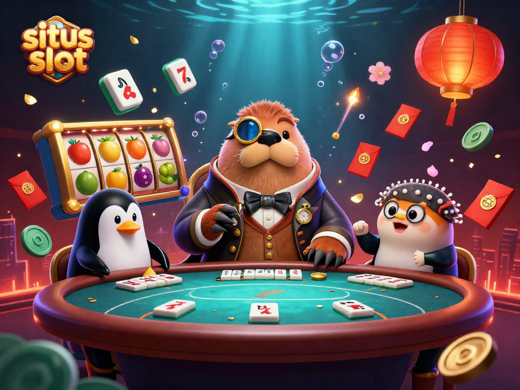 Situs slot menggambarkan walrus jolly dalam pakaian bangsawan bersaing di meja poker bawah laut.