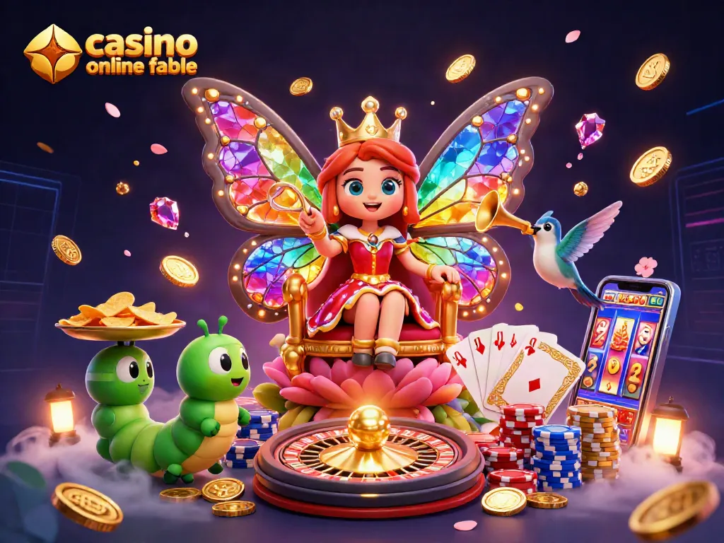 Disfruta de la emoción del casino online fiable con una ilustración mágica de una reina mariposa en un trono rodeada de monedas y fichas brillantes.