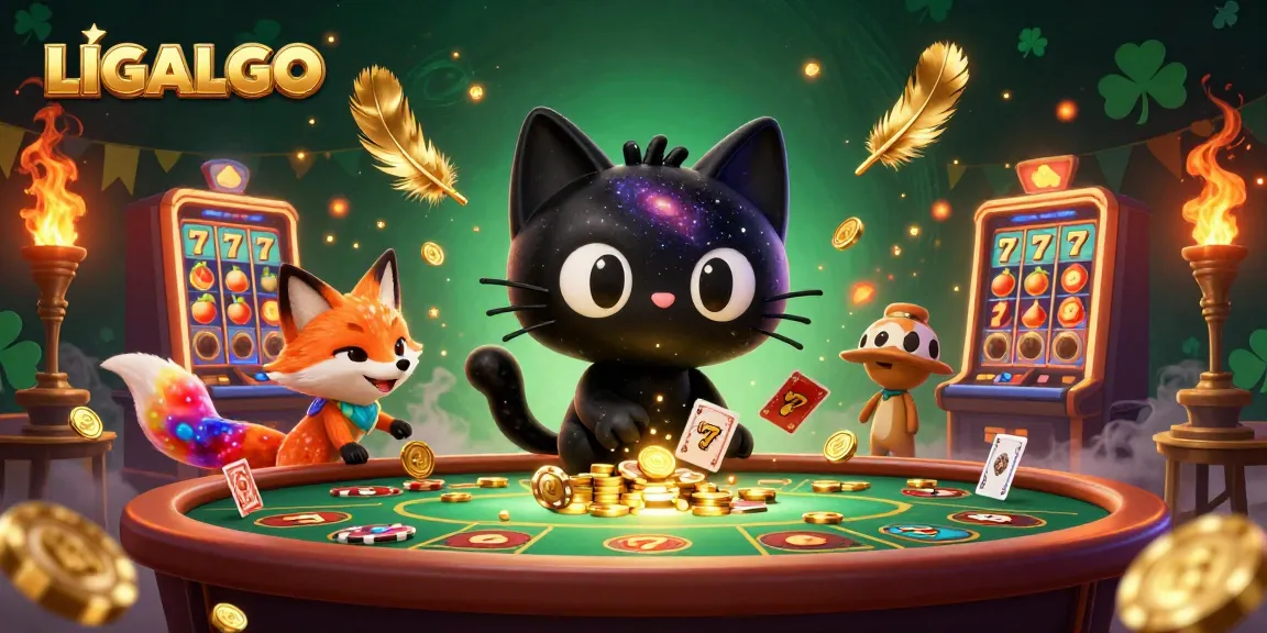 LIGALGO showcases a whimsical casino scene with a black hole cat and colorful nebula fox pulling in riches at a cosmic casino.