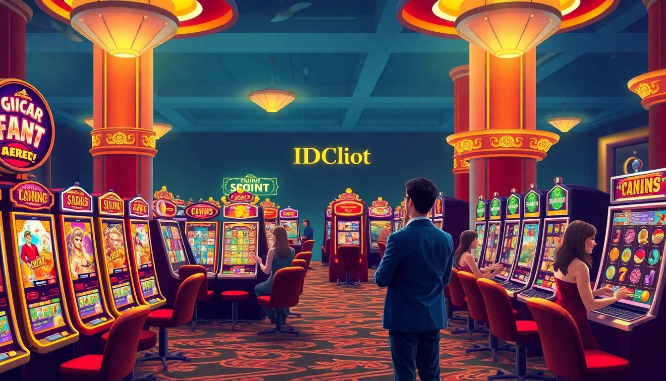 IDNslot players celebrating wins at upscale slot machines in a lively casino environment.