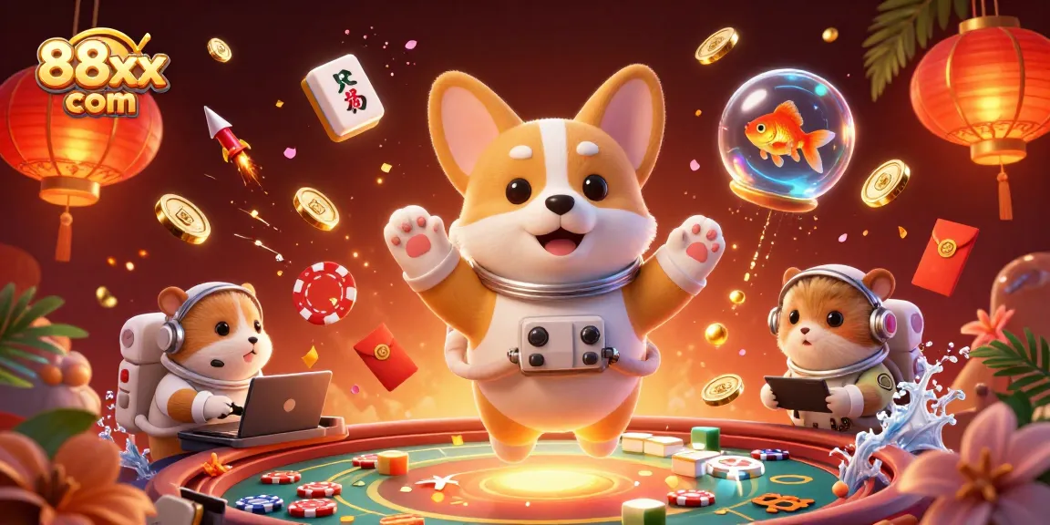 Experience thrilling gameplay at 88xx com with a cartoon astronaut corgi in a space casino.