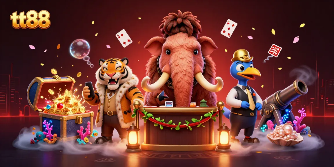 Experience the thrill of tt88 casino with a vibrant 3D illustration featuring unique animal characters and gaming elements.