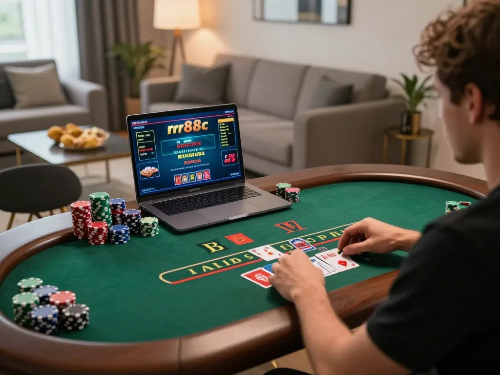 Player engaging in rr88c live dealer blackjack at a cozy home setup, showcasing excitement and strategy.