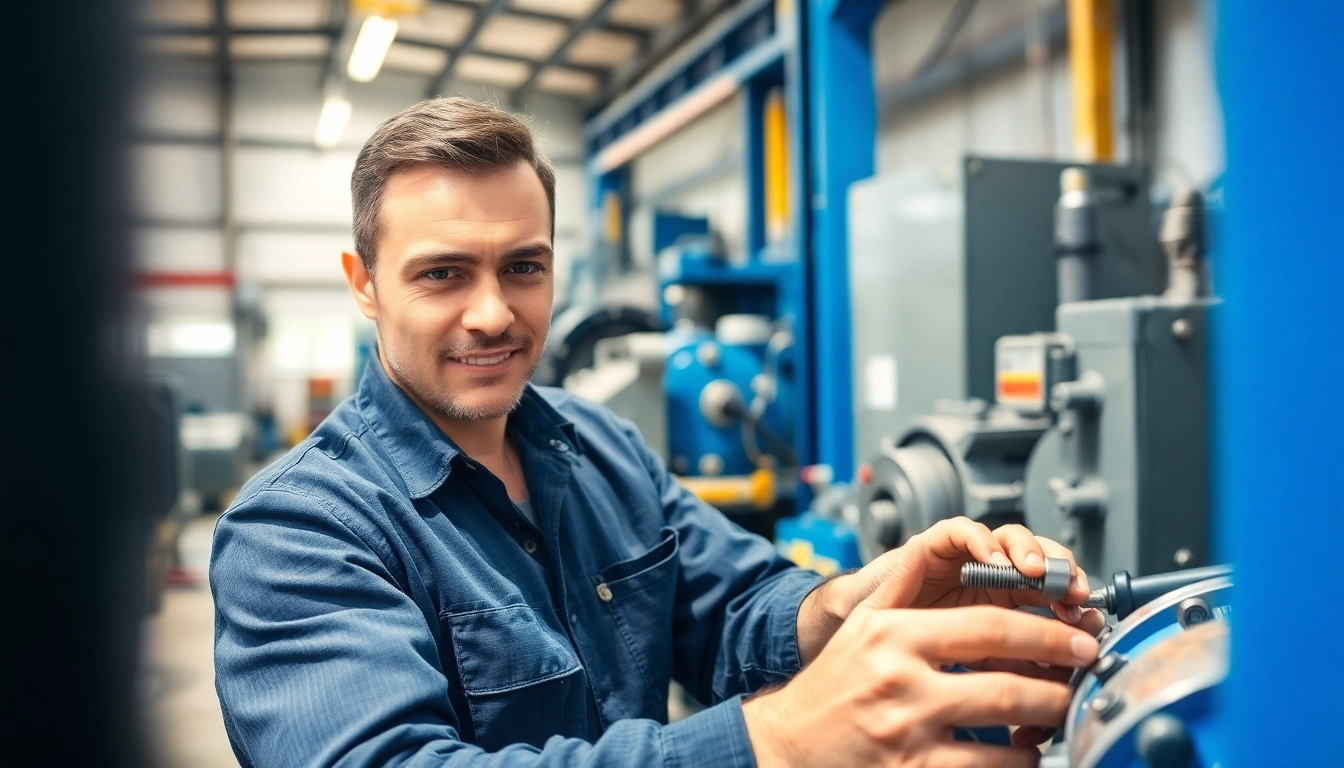 Technician performing hydraulic repair services in a workshop with detailed focus.