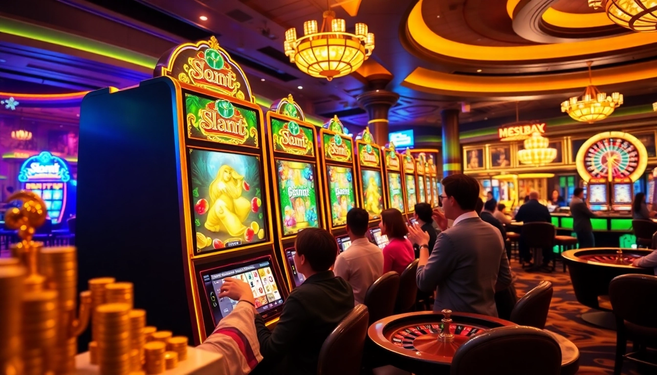 Winning with slot deposit pulsa at a luxurious casino slot machine, surrounded by excited players.