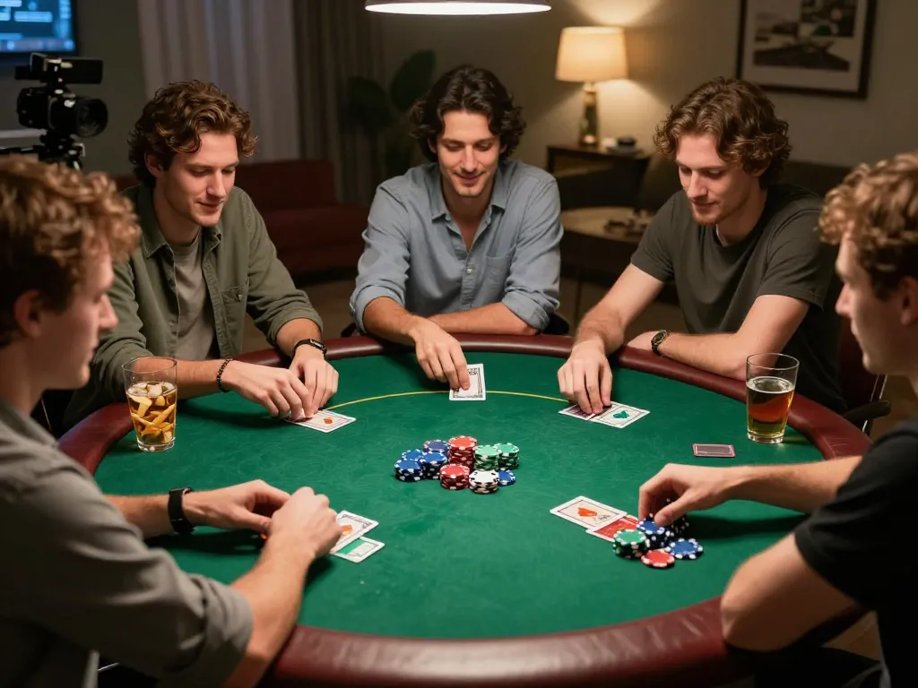 Engaging friends playing poker during a home night, celebrating famous mexican cuisine flavors.