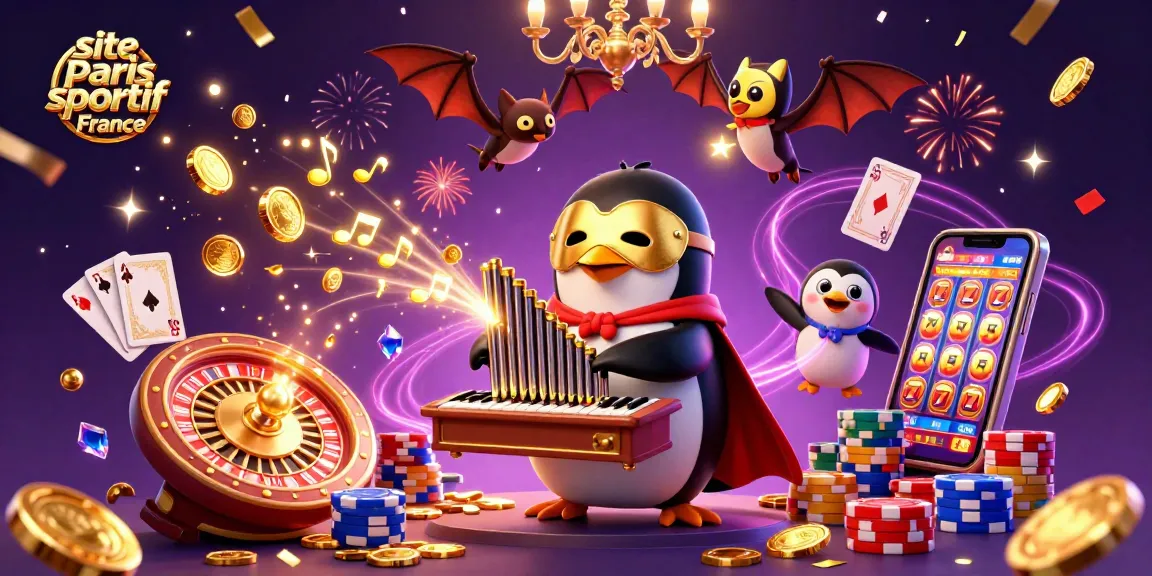 Plongée dans l'univers du site de paris sportifs en France avec un pingouin fantôme d'opéra jouant de l'orgue, tandis que des pièces d'or volent tout autour.