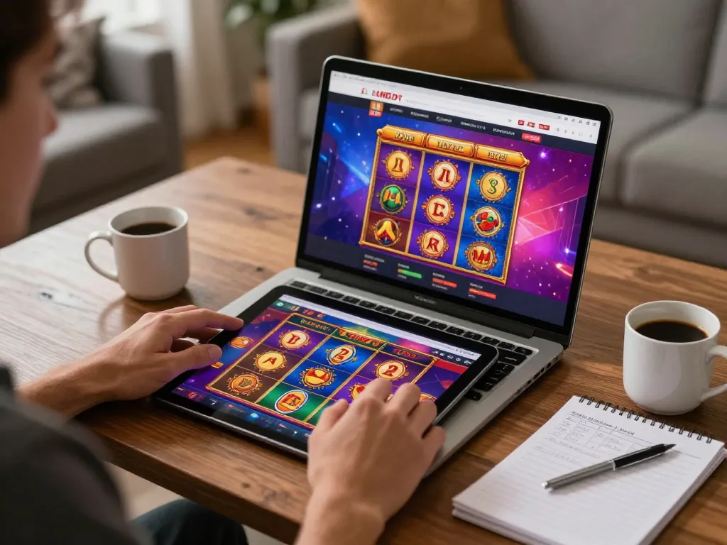 Engaging in ทดลองเล่นสล็อต on a tablet, showcasing a cozy gaming atmosphere.
