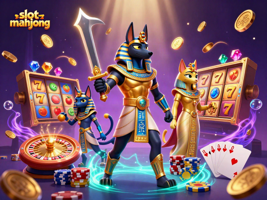 Engage in slot mahjong with ancient Egyptian warriors and slot reels amidst gold coins and gems