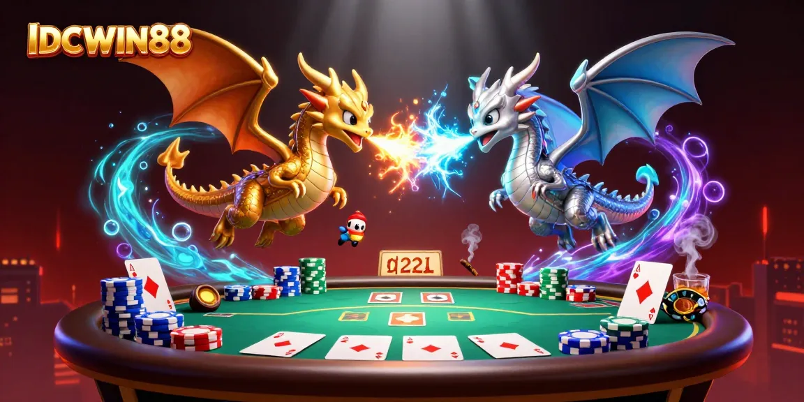 Experience the excitement of IDCWIN88 with vibrant dragons and poker frenzies in this 3D casino scene.