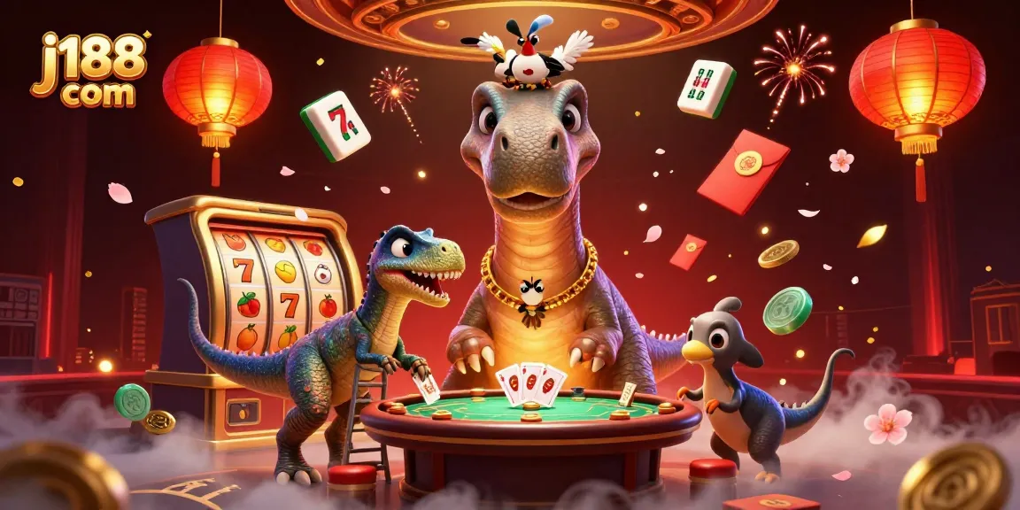 Experience thrilling card games at j188 com with a giant dinosaur dealer in a vibrant casino.