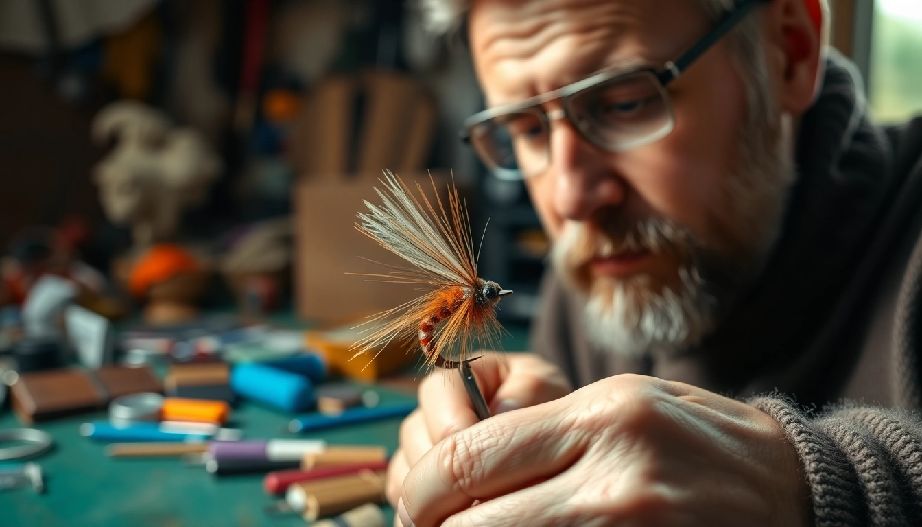 Engaging fly tying process with an artisan crafting a detailed fly using vibrant materials.