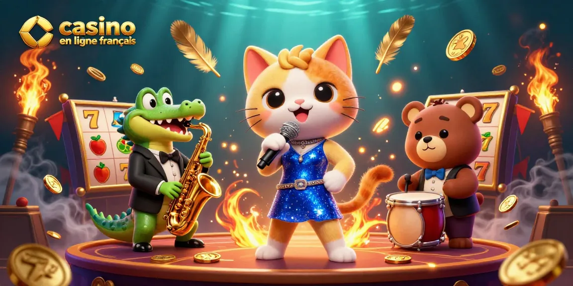 Casino en ligne français : Illustration d'un chat chanteur jazz et d'un crocodile saxophoniste dans un contexte de jeux de casino.