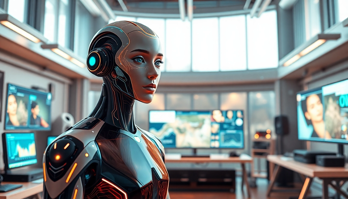 Engage with a stunning ai avatar showcasing modern technology in a vibrant workspace.