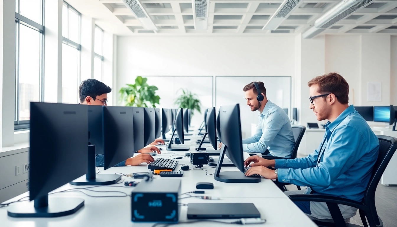 Providing computer help in a professional tech office setting with technicians collaborating.