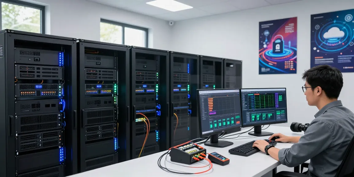 VPS Hosting en México server room with a technician monitoring performance data in a modern data center.