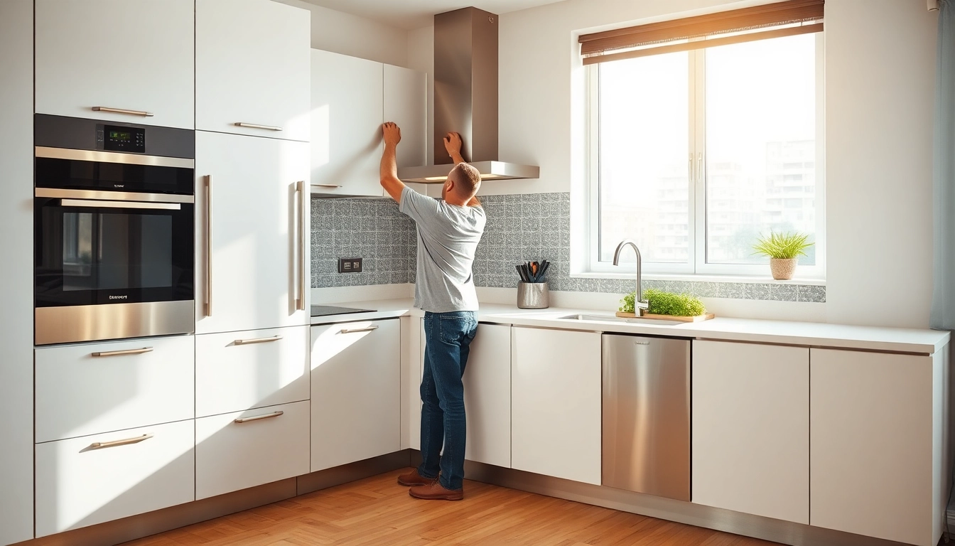 Kitchen fitter efficiently installing cabinets in a stylish modern kitchen.