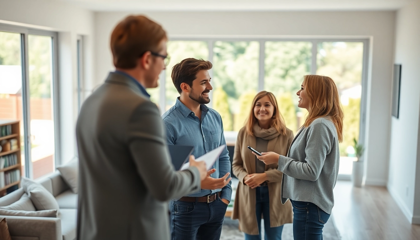 Real Estate agent assisting a couple in a spacious, well-lit home environment.