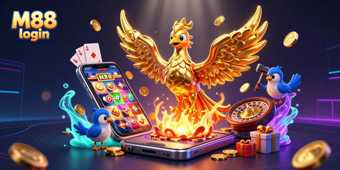 M88 login to this thrilling 3D casino scene showcasing vibrant games and golden phoenix