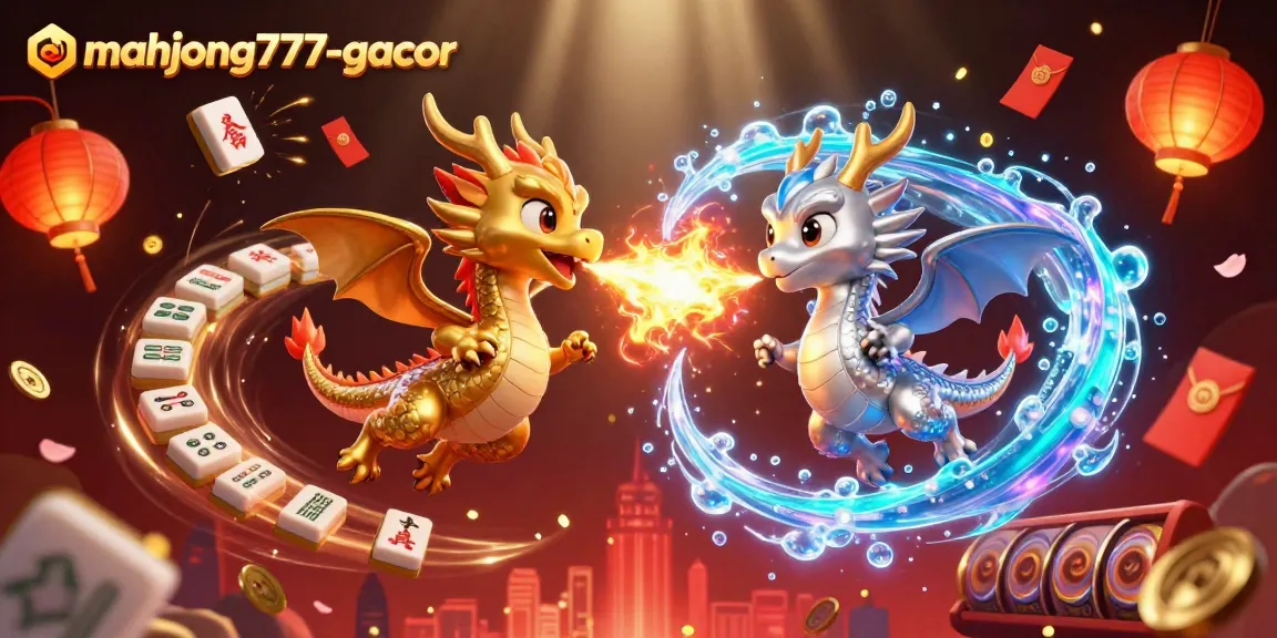 Experience big wins with mahjong777-gacor in this vibrant 3D illustration featuring exciting casino elements and dragons.