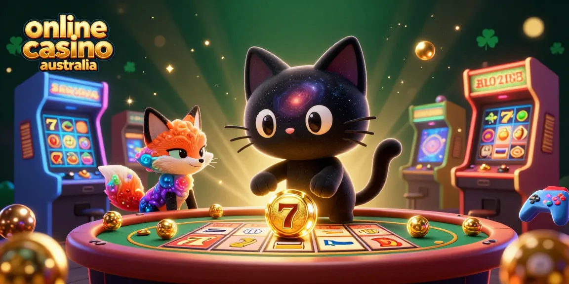 Immerse in an online casino Australia experience with a cosmic cat and fox amidst gaming icons and vibrant lights.