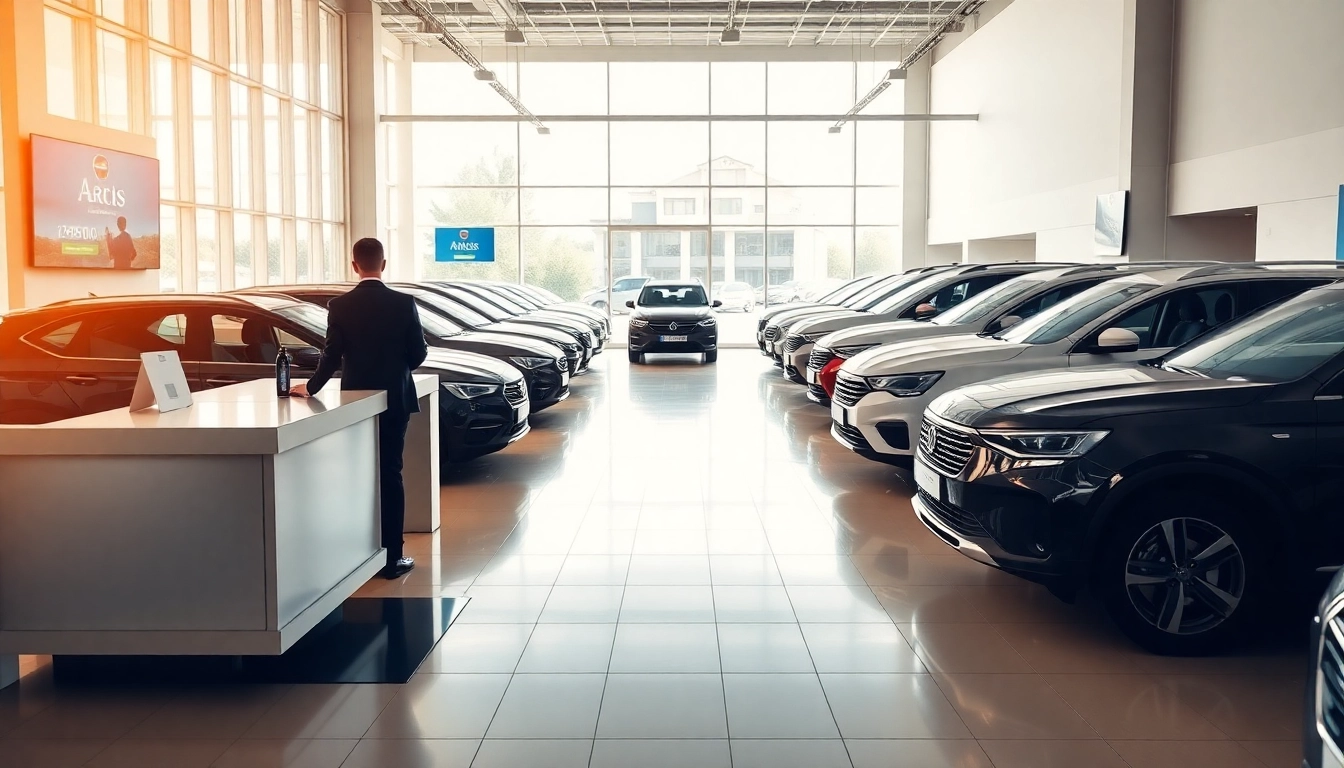 Rent a car Moldova service with smiling staff at a modern rental office showcasing a variety of vehicles.