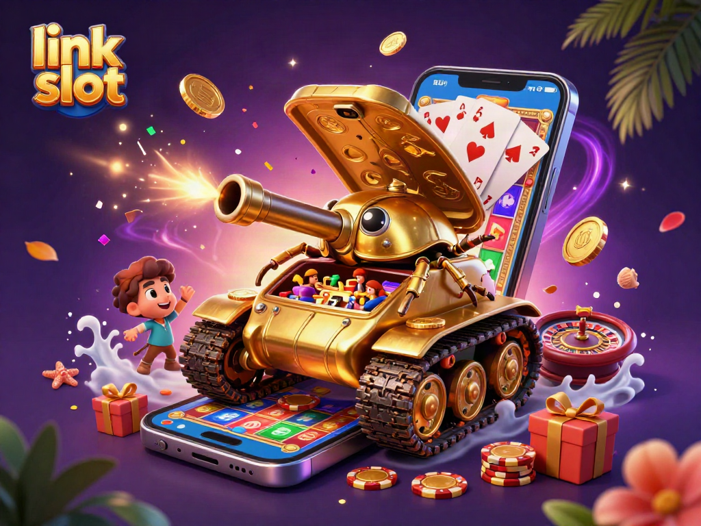 Engage with link slot slots strategy through a lively 3D casino scene featuring a unique beetle tank.