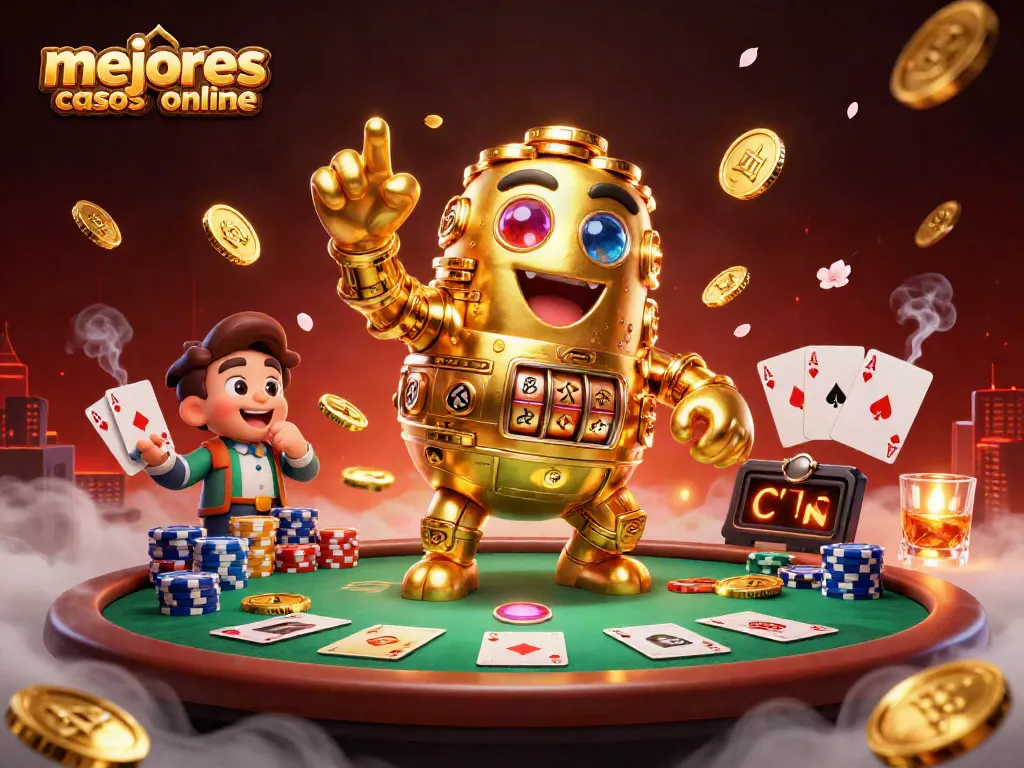 Ilustración 3D de un golem dorado rodeado de mesa de póker simbolizando los mejores casinos online.