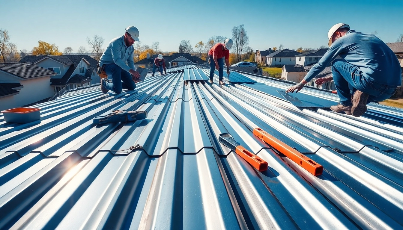 See skilled workers from metal roofing companies transforming a residential roof with new metal panels.
