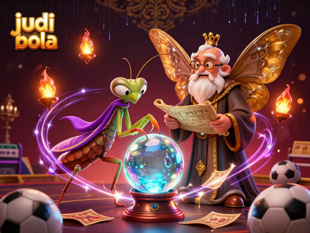 Experience sports betting with judi bola in a vibrant 3D illustration featuring mystical elements and sports symbols.