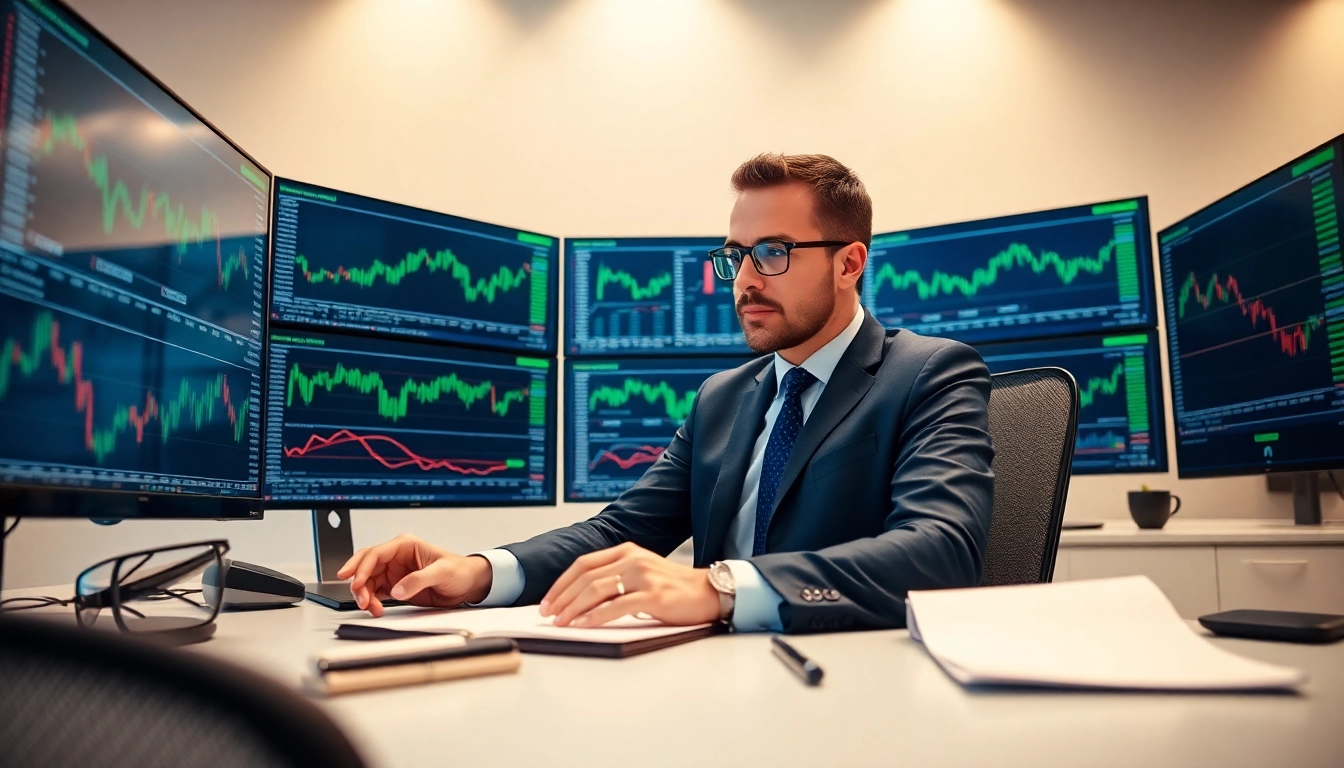 Analyze market trends for sway markets while monitoring financial charts in a trading office.