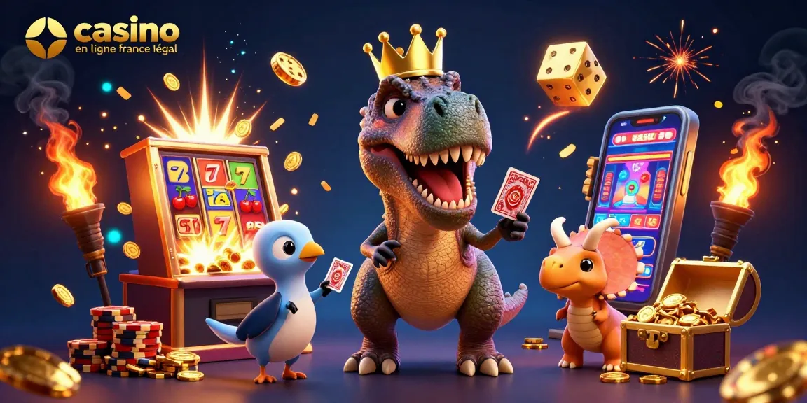 Jouez au casino en ligne légal en France avec un T-Rex et ses amis dans une illustration animée.