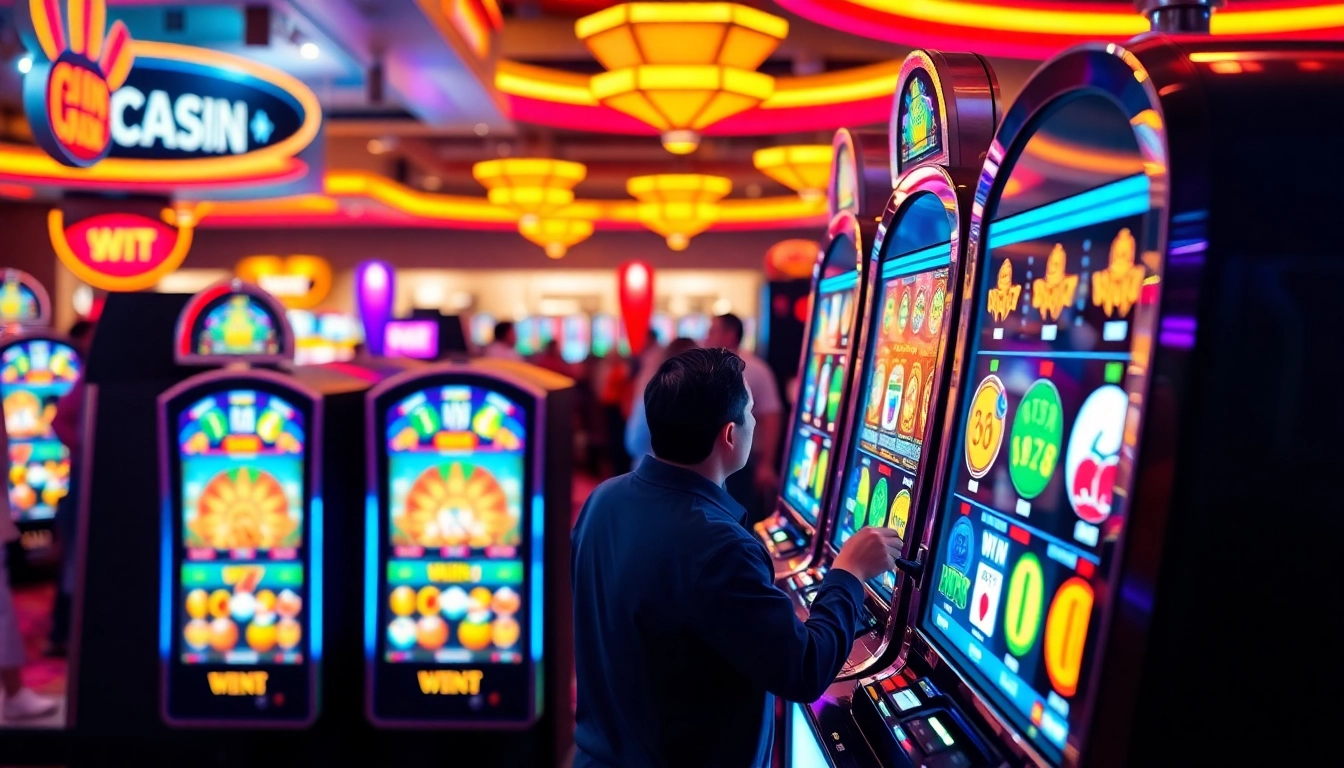 Menang di slot mesin dengan simbol berwarna cerah dan kegembiraan di kasino.