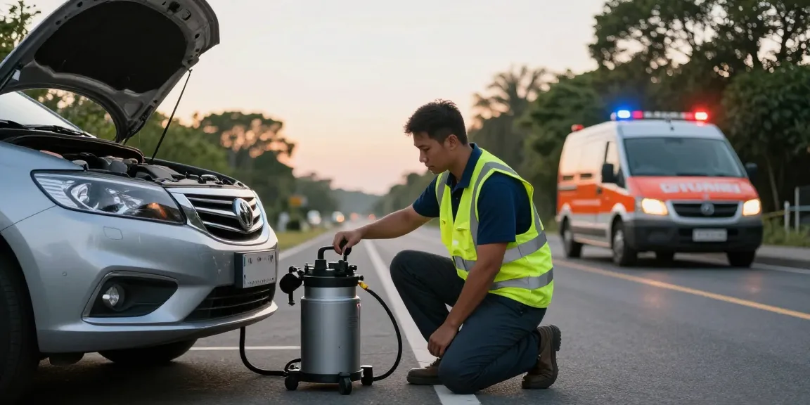 Technician addressing diesel in petrol car issue roadside with specialized equipment in early morning light.