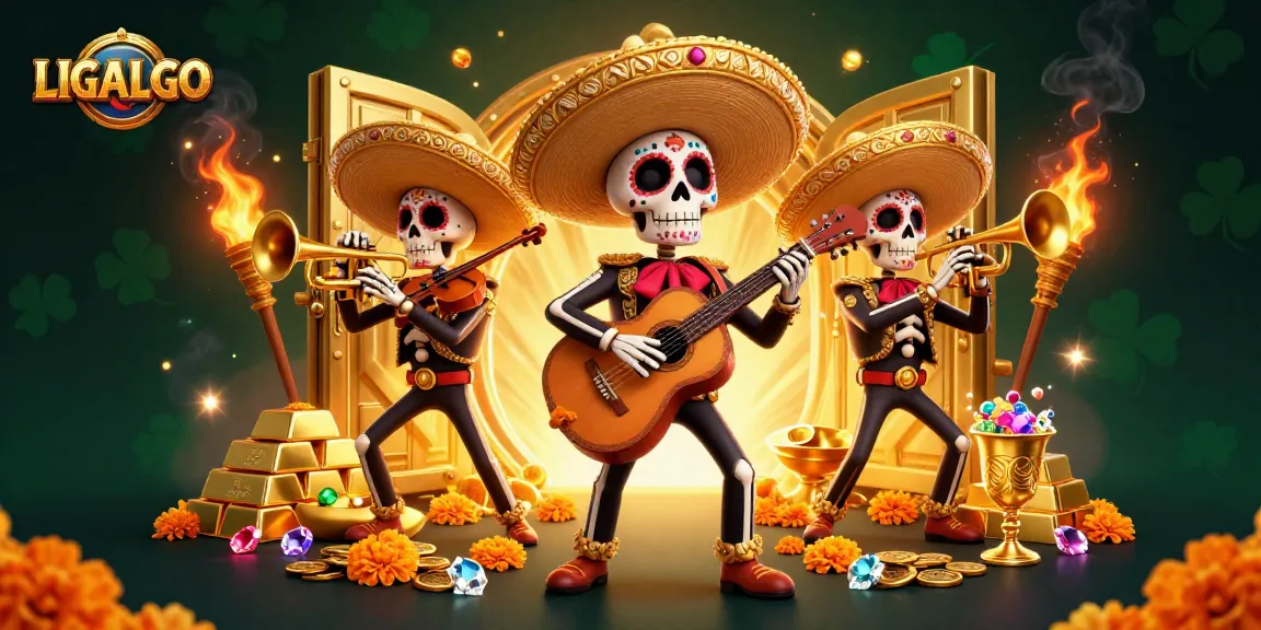 Experience the vibrant LIGALGO casino scene with mariachi skeletons celebrating unique game wins amidst treasures.