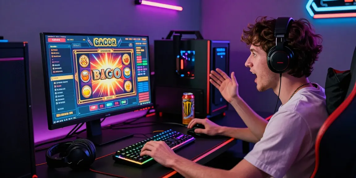 Player immersed in a thrilling slot gacor gaming scene at a modern setup, showcasing excitement and vibrant peripherals.