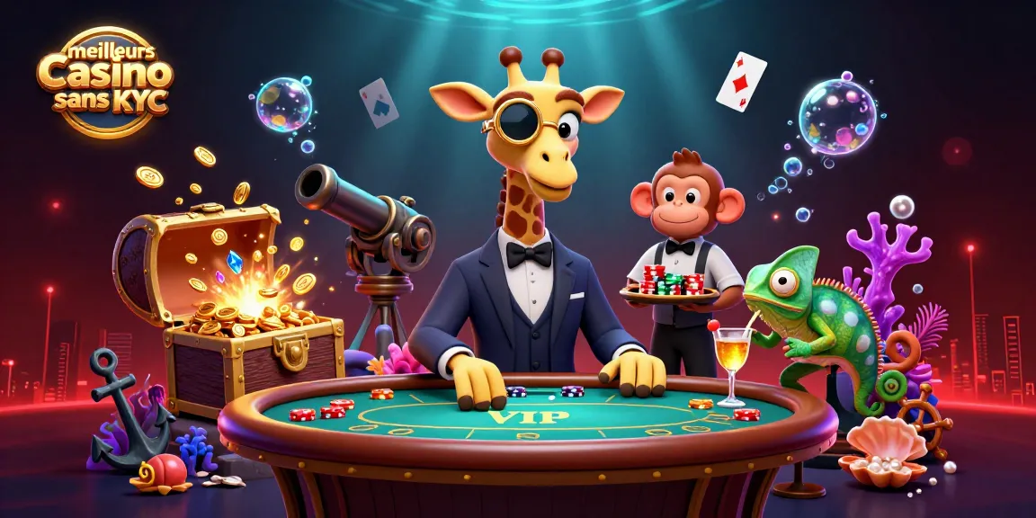 Découvrez les meilleurs casinos sans KYC avec une illustration captivante d'une girafe haut de gamme et ses amis.