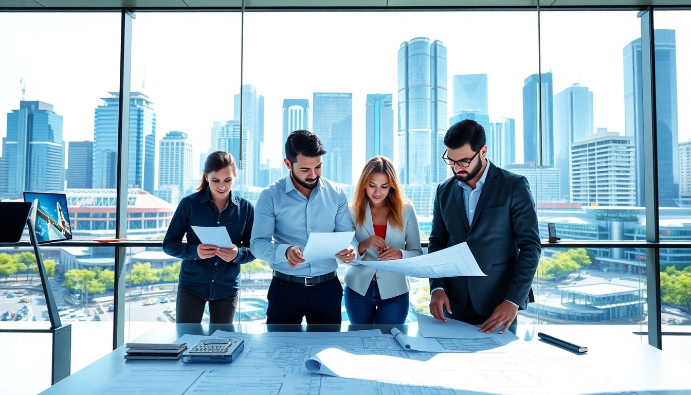 Engaged professionals of an architecture and engineering firm collaborating on modern designs with a vibrant skyline.