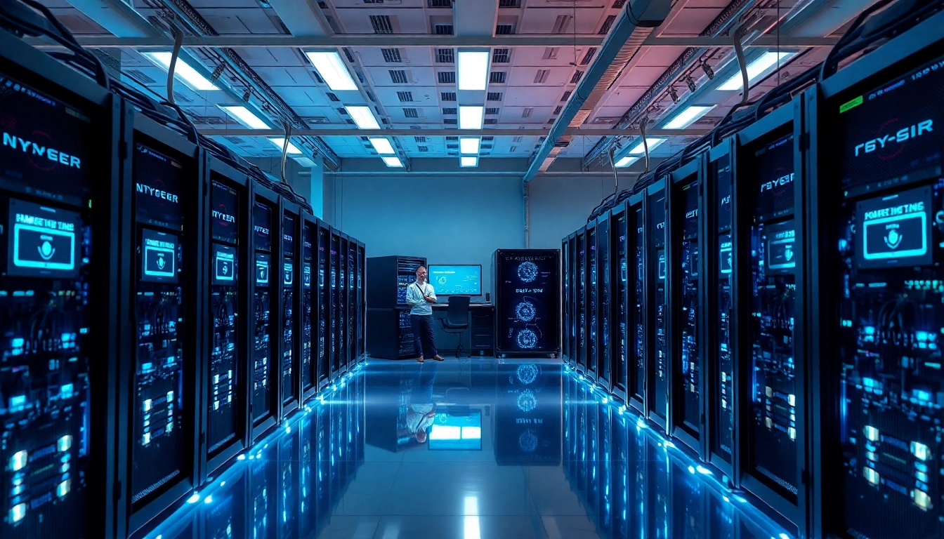 Crypto mining facility with advanced ASIC rigs and technicians monitoring performance.